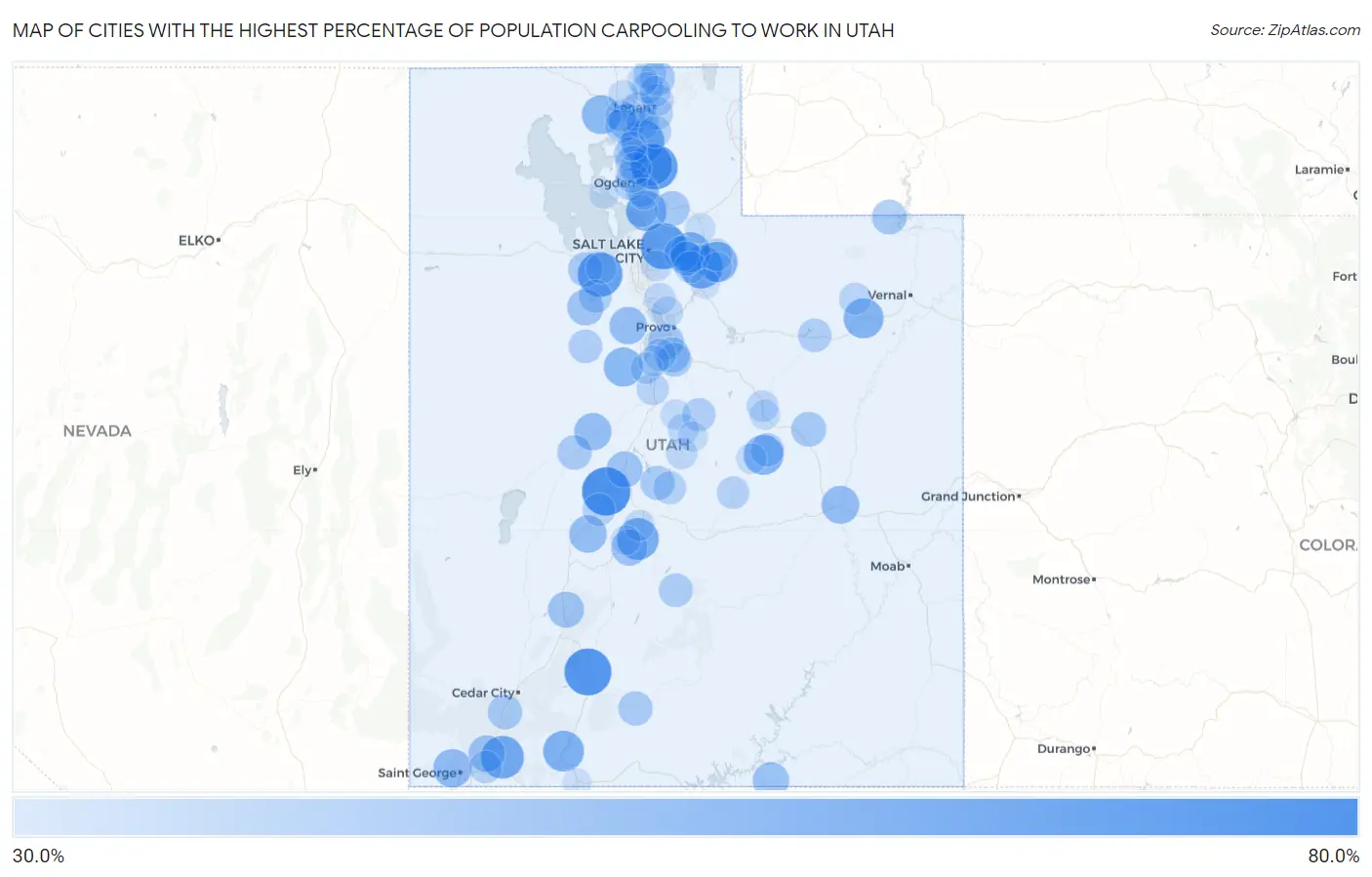 Cities with the Highest Percentage of Population Carpooling to Work in Utah Map