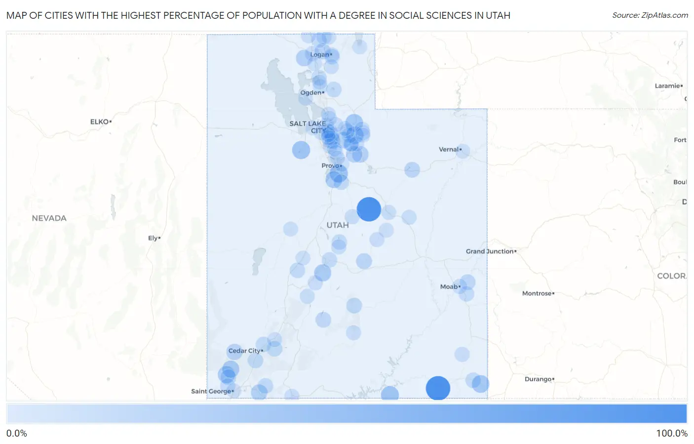 Cities with the Highest Percentage of Population with a Degree in Social Sciences in Utah Map