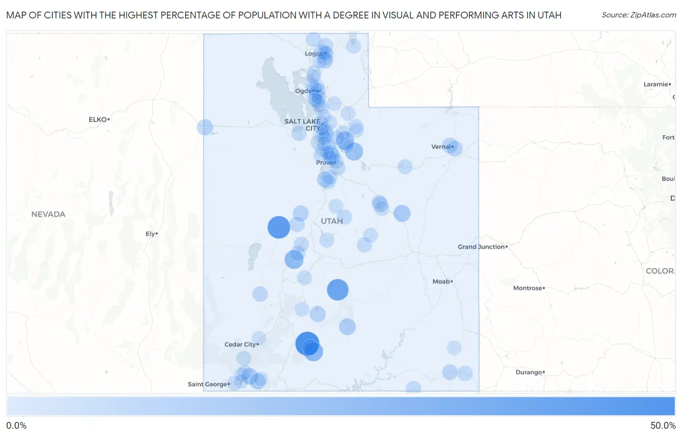 Cities with the Highest Percentage of Population with a Degree in Visual and Performing Arts in Utah Map