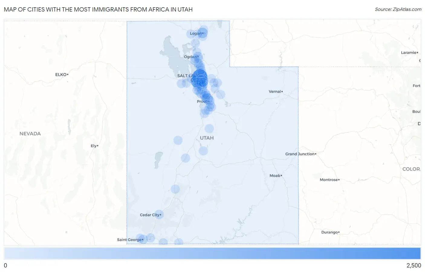Cities with the Most Immigrants from Africa in Utah Map