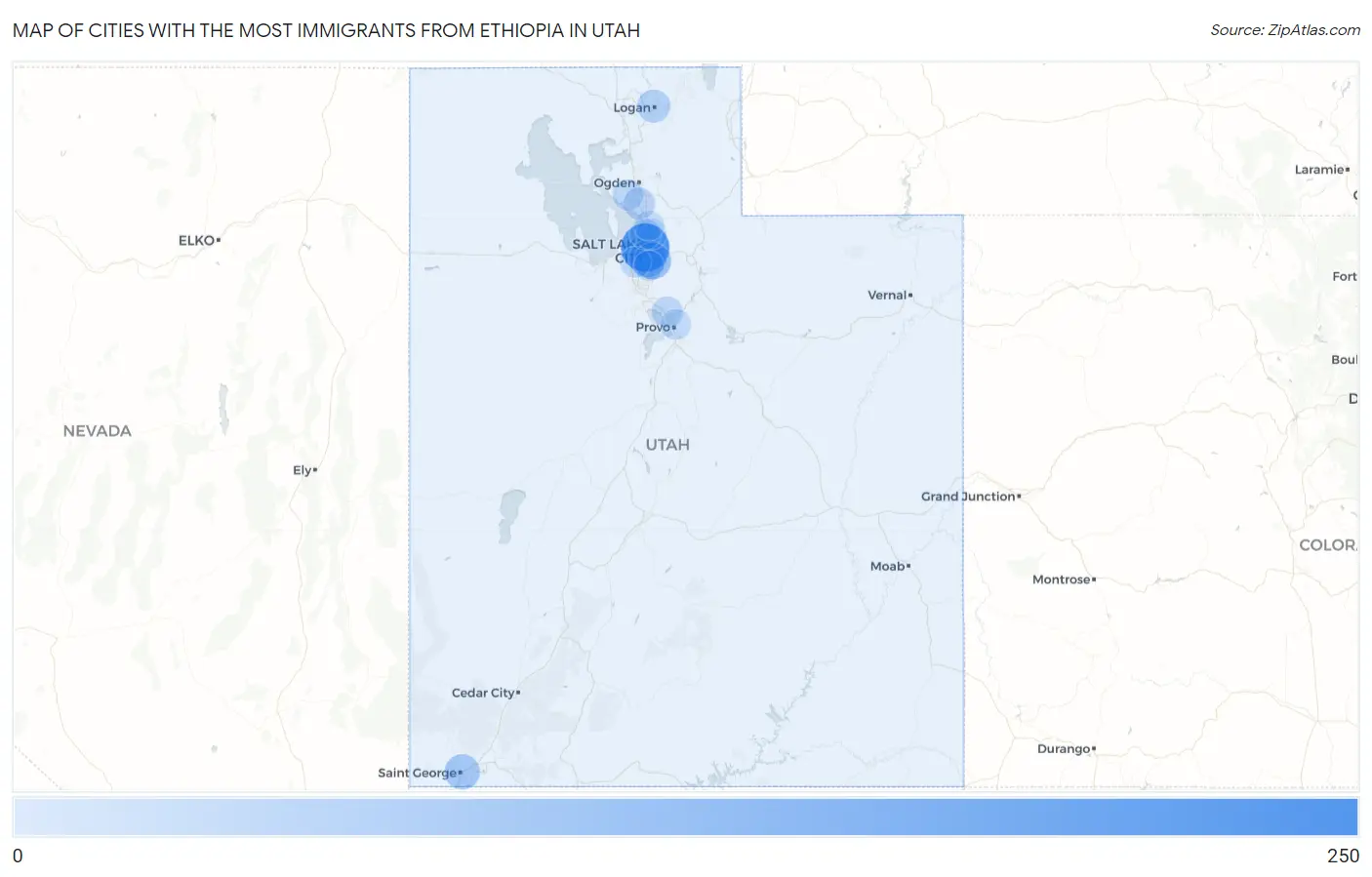 Cities with the Most Immigrants from Ethiopia in Utah Map