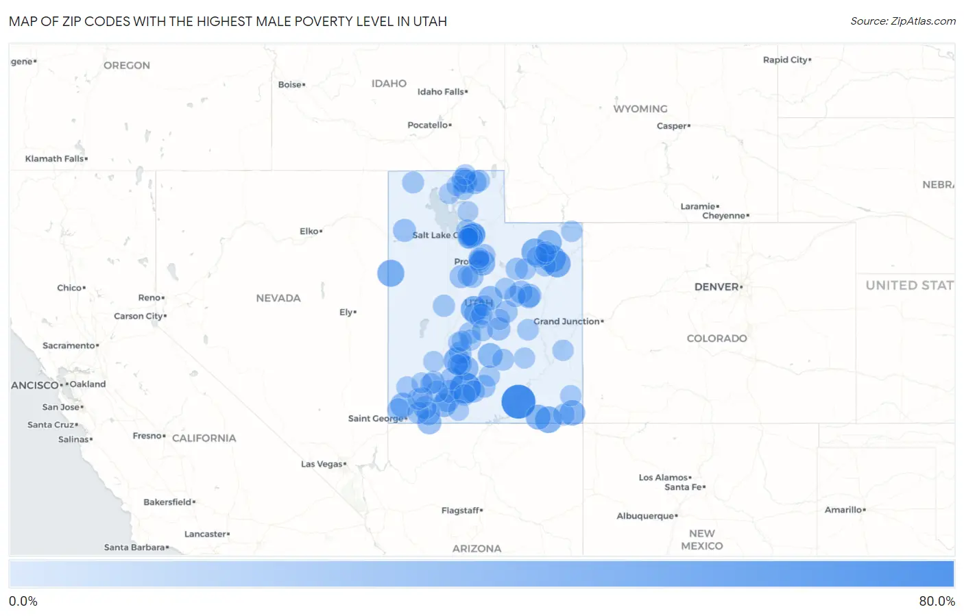 Zip Codes with the Highest Male Poverty Level in Utah Map