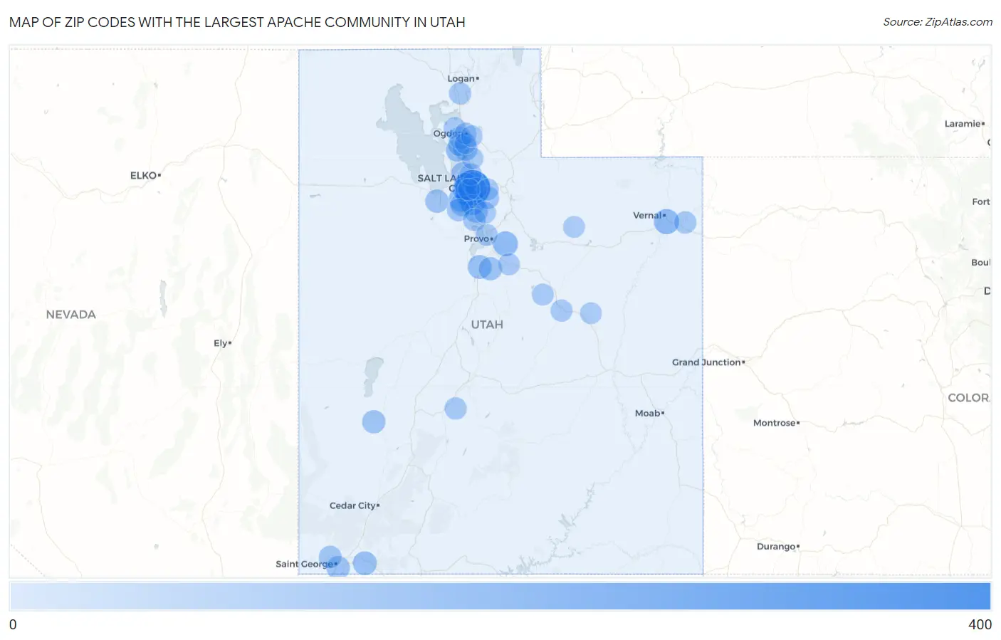 Zip Codes with the Largest Apache Community in Utah Map