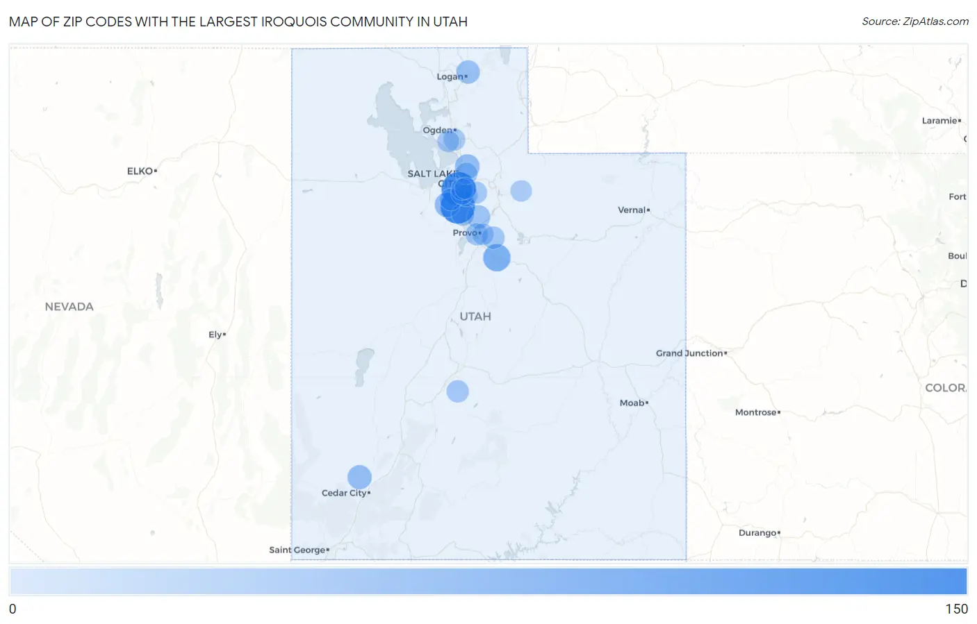 Zip Codes with the Largest Iroquois Community in Utah Map