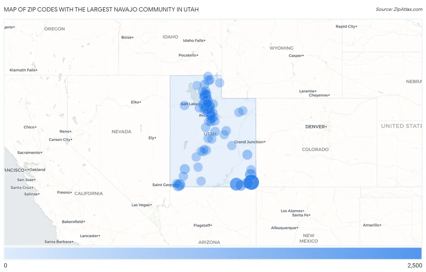 Zip Codes with the Largest Navajo Community in Utah Map