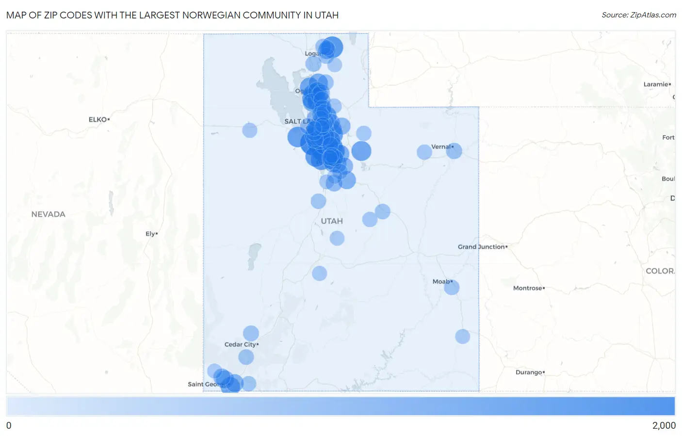 Zip Codes with the Largest Norwegian Community in Utah Map