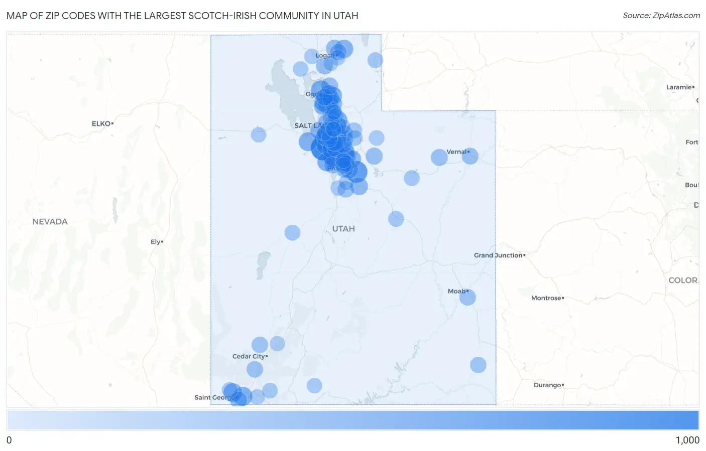 Zip Codes with the Largest Scotch-Irish Community in Utah Map