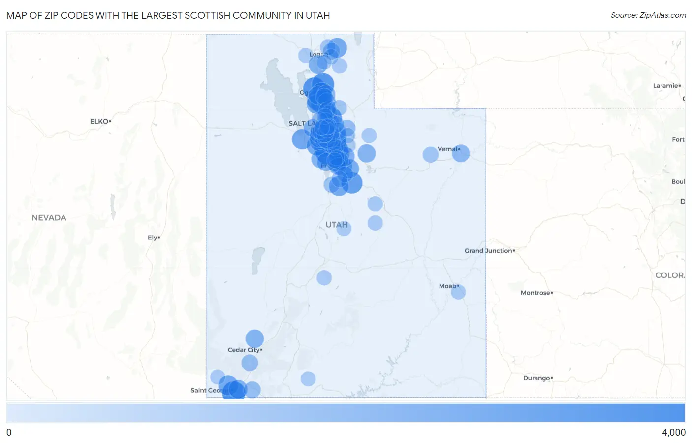 Zip Codes with the Largest Scottish Community in Utah Map