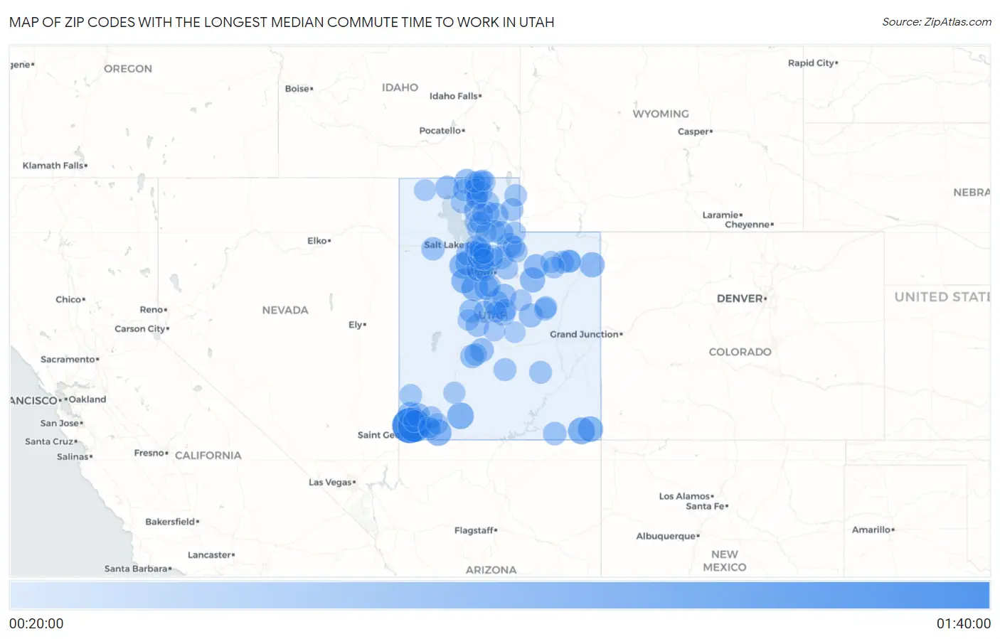 Zip Codes with the Longest Median Commute Time to Work in Utah Map