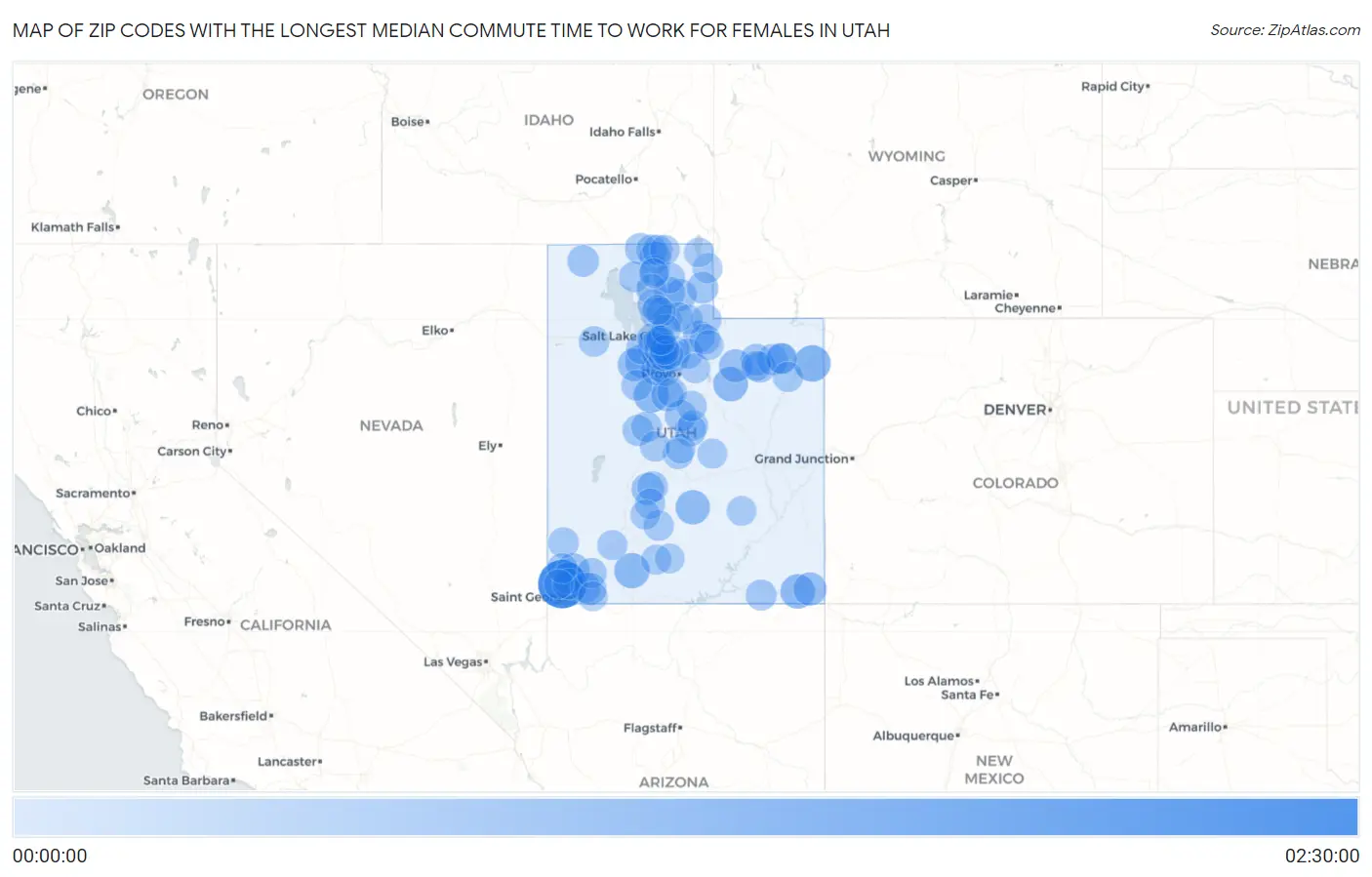 Zip Codes with the Longest Median Commute Time to Work for Females in Utah Map