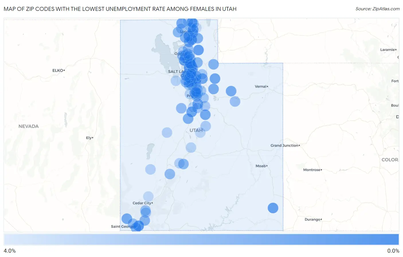 Zip Codes with the Lowest Unemployment Rate Among Females in Utah Map