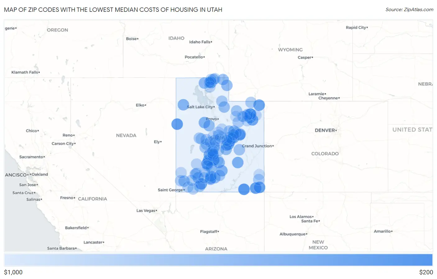 Zip Codes with the Lowest Median Costs of Housing in Utah Map