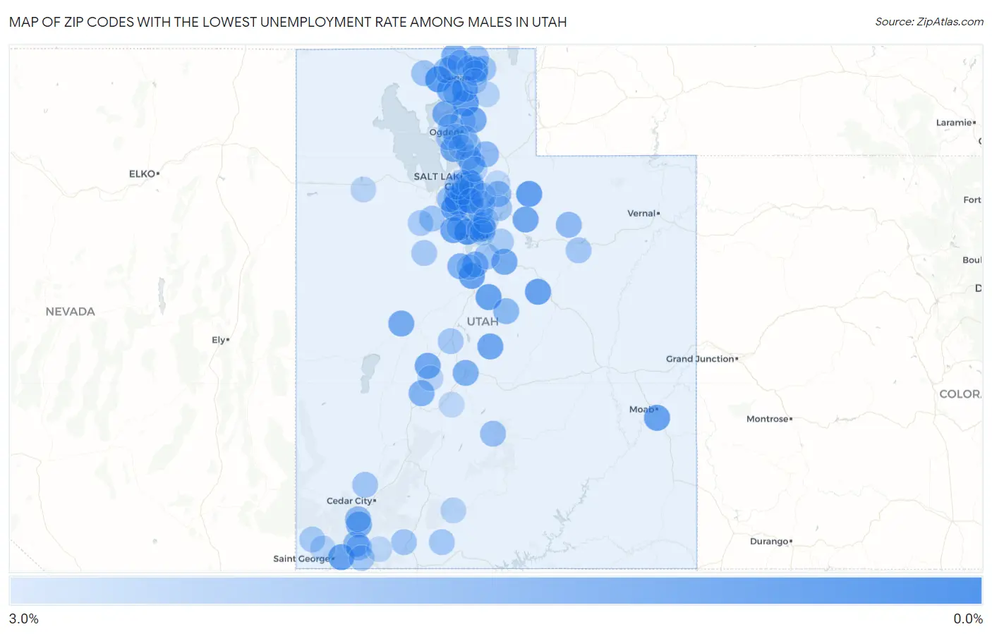 Zip Codes with the Lowest Unemployment Rate Among Males in Utah Map