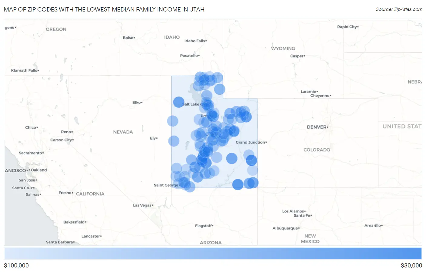 Zip Codes with the Lowest Median Family Income in Utah Map