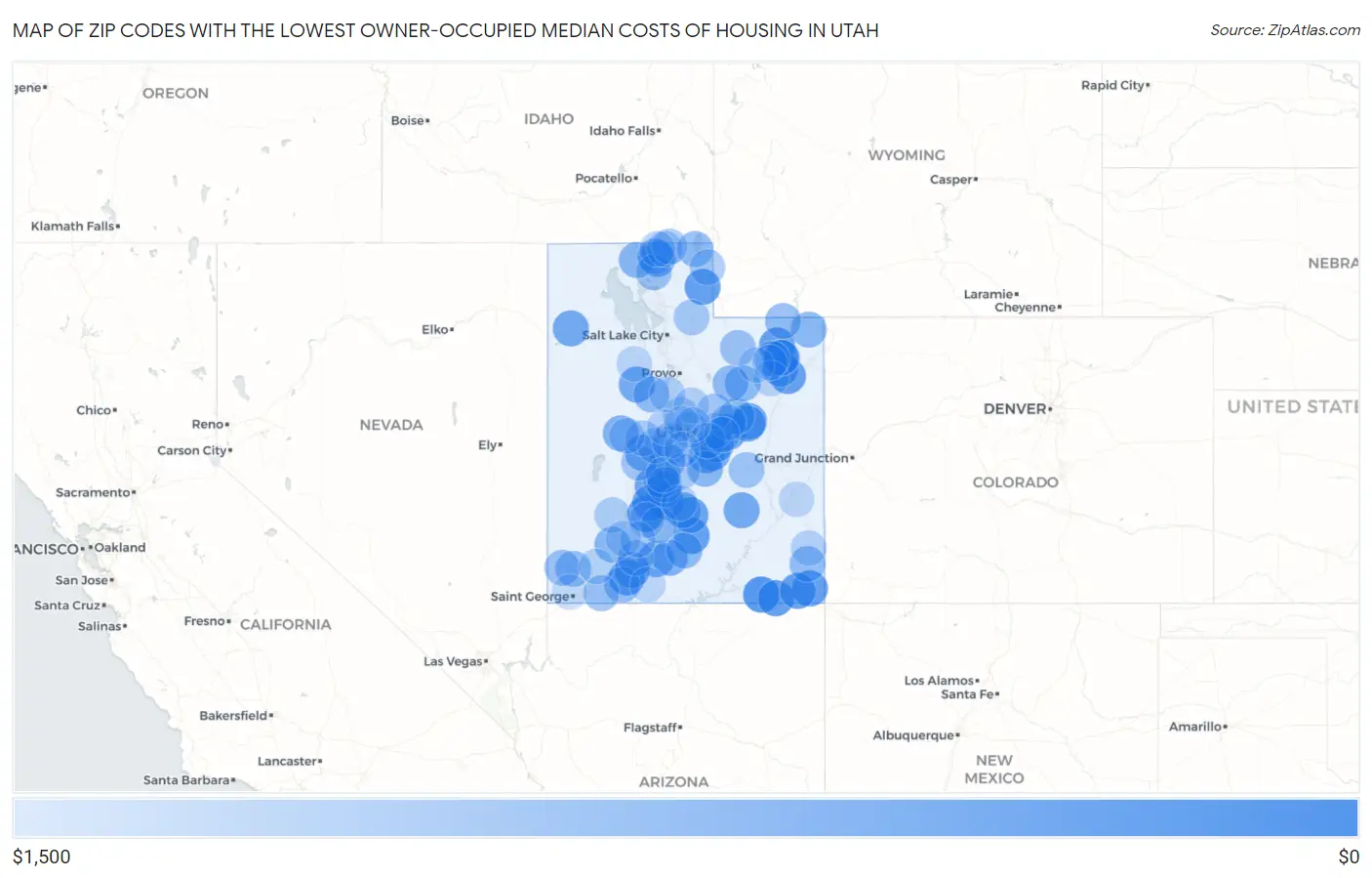 Zip Codes with the Lowest Owner-Occupied Median Costs of Housing in Utah Map