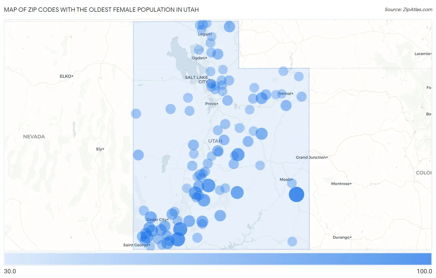 Zip Codes with the Oldest Female Population in Utah Map