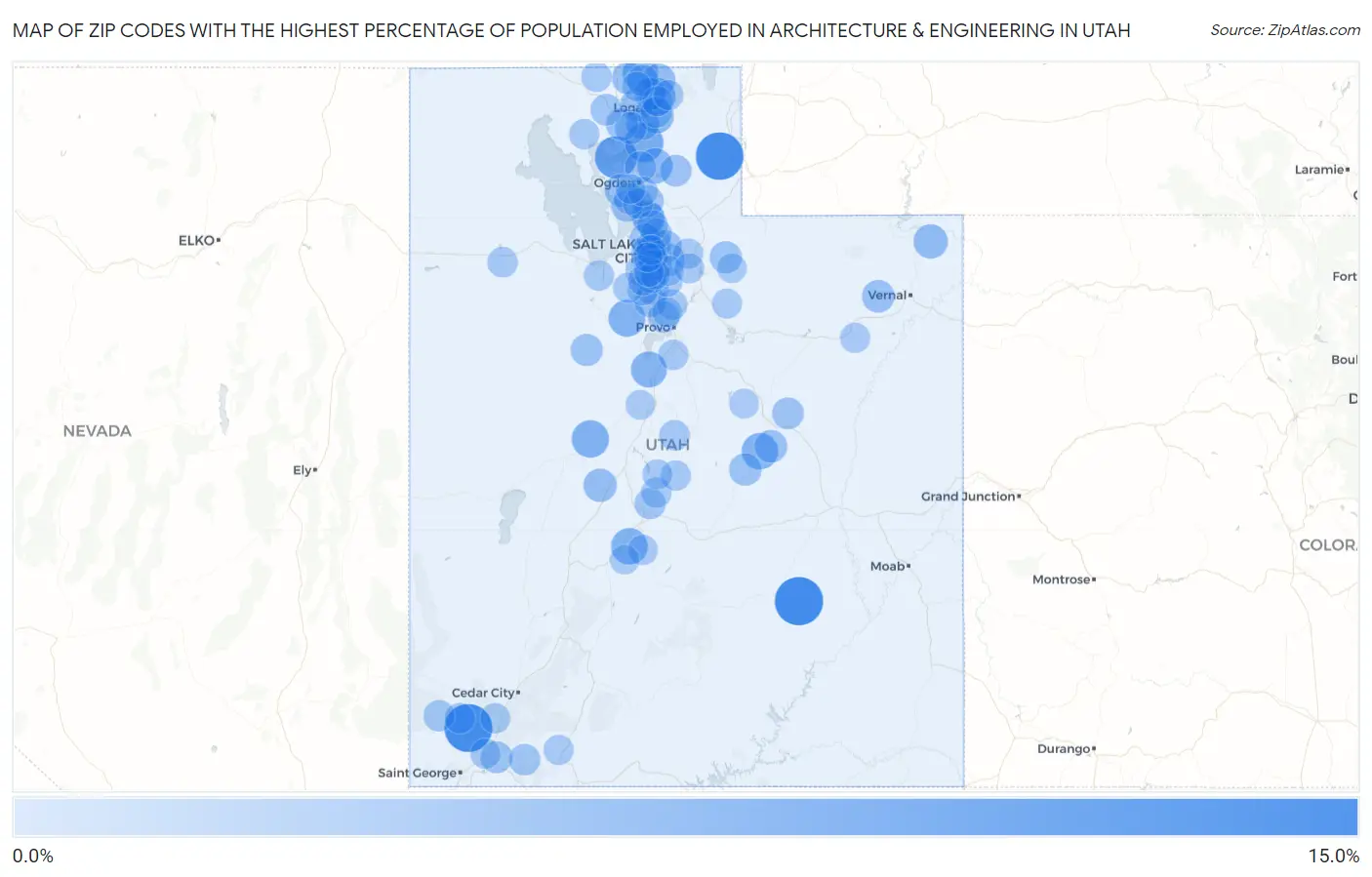 Zip Codes with the Highest Percentage of Population Employed in Architecture & Engineering in Utah Map