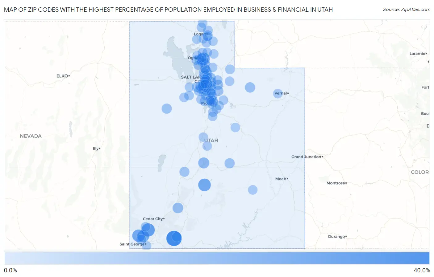 Zip Codes with the Highest Percentage of Population Employed in Business & Financial in Utah Map