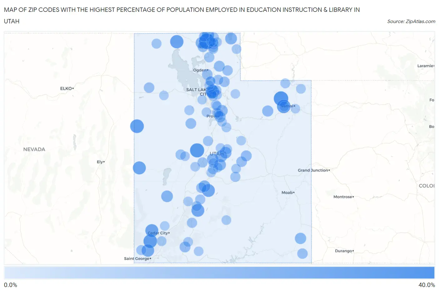 Zip Codes with the Highest Percentage of Population Employed in Education Instruction & Library in Utah Map