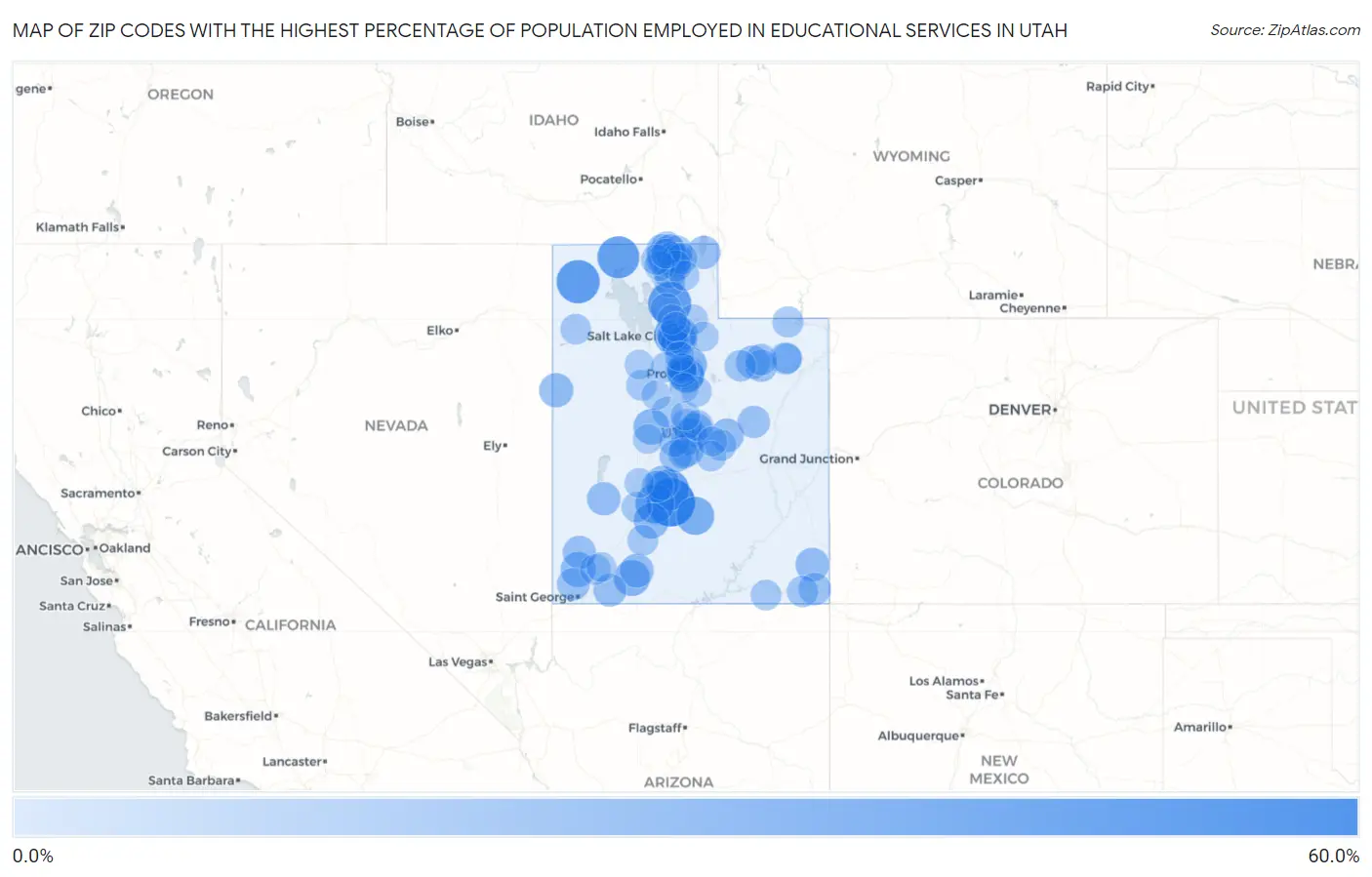 Zip Codes with the Highest Percentage of Population Employed in Educational Services in Utah Map