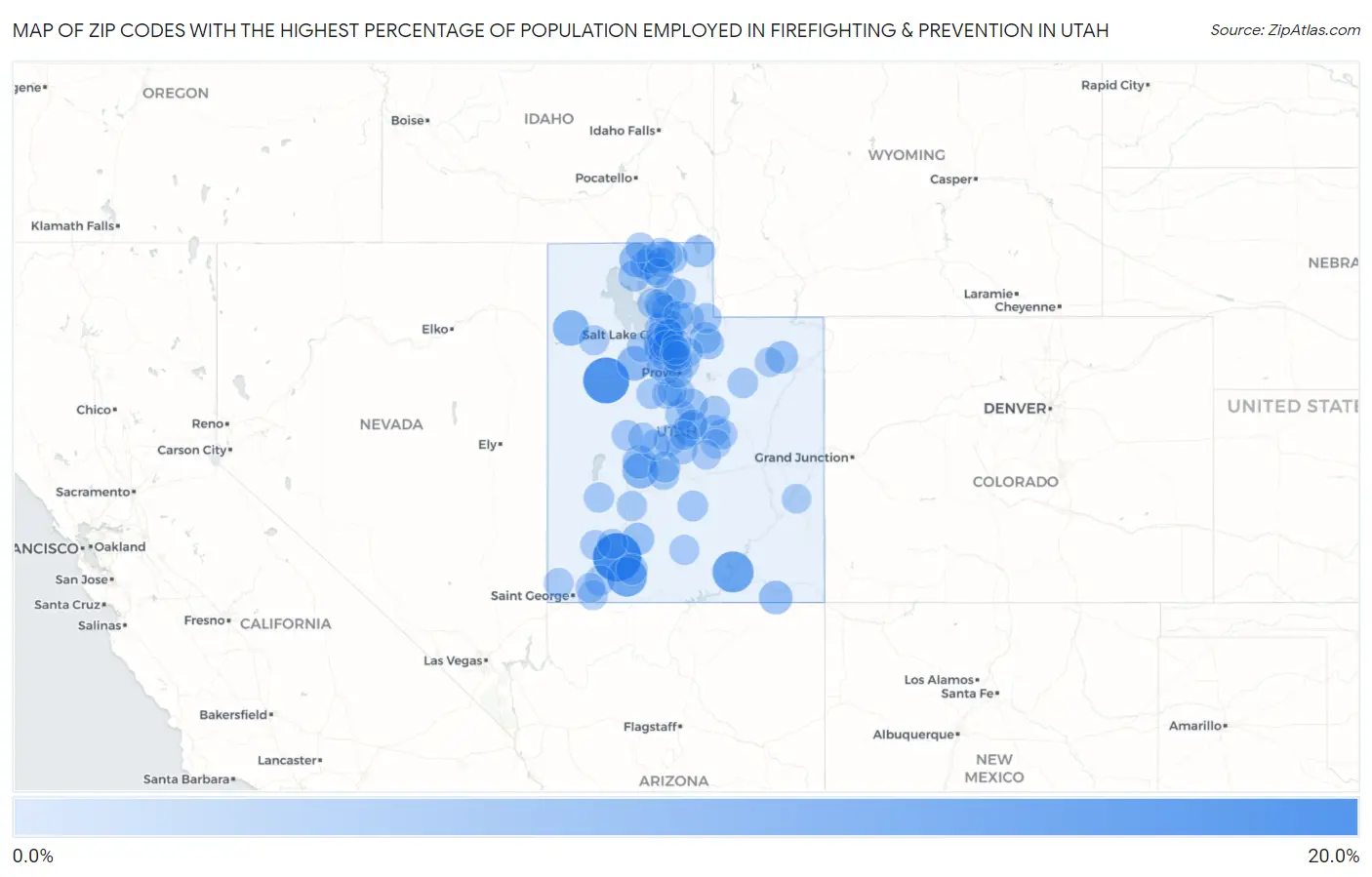 Zip Codes with the Highest Percentage of Population Employed in Firefighting & Prevention in Utah Map