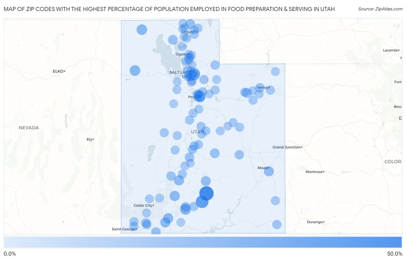 Zip Codes with the Highest Percentage of Population Employed in Food Preparation & Serving in Utah Map