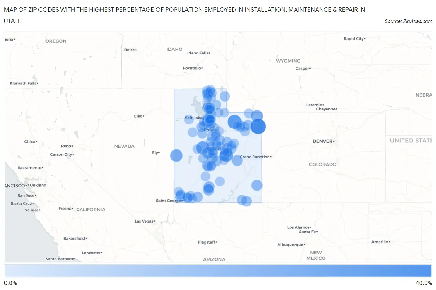 Zip Codes with the Highest Percentage of Population Employed in Installation, Maintenance & Repair in Utah Map