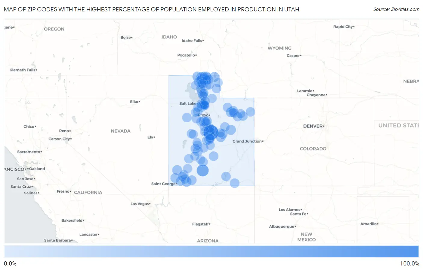 Zip Codes with the Highest Percentage of Population Employed in Production in Utah Map