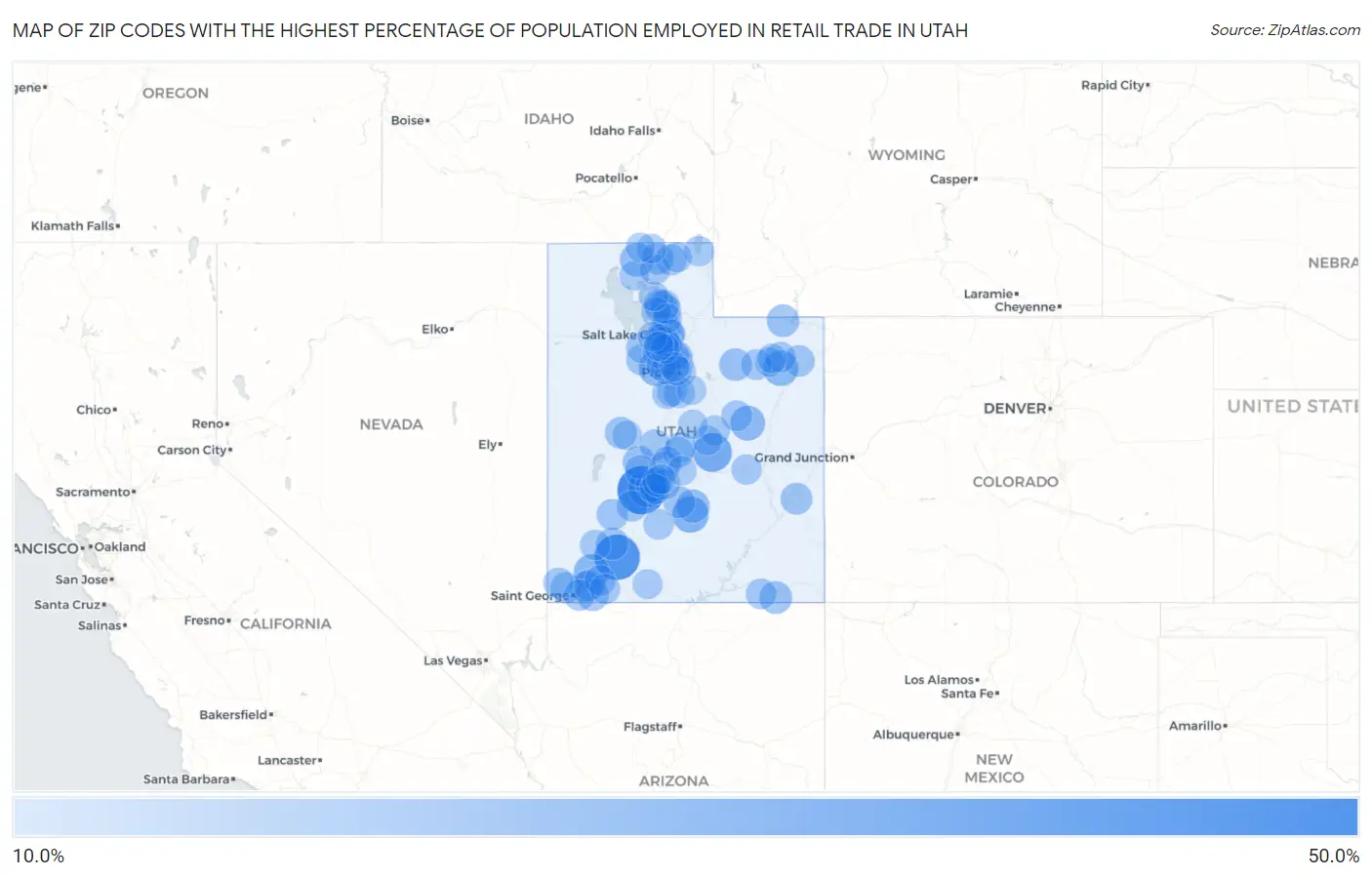 Zip Codes with the Highest Percentage of Population Employed in Retail Trade in Utah Map