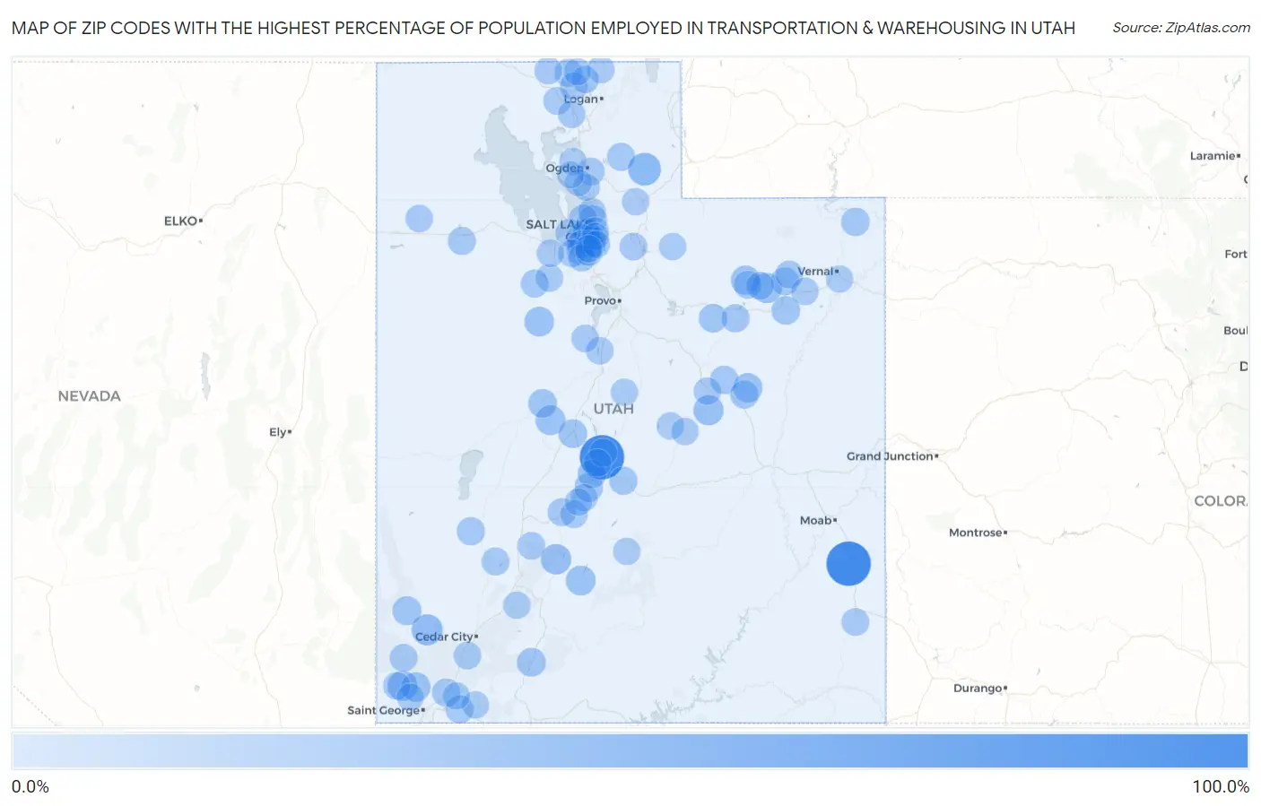 Zip Codes with the Highest Percentage of Population Employed in Transportation & Warehousing in Utah Map
