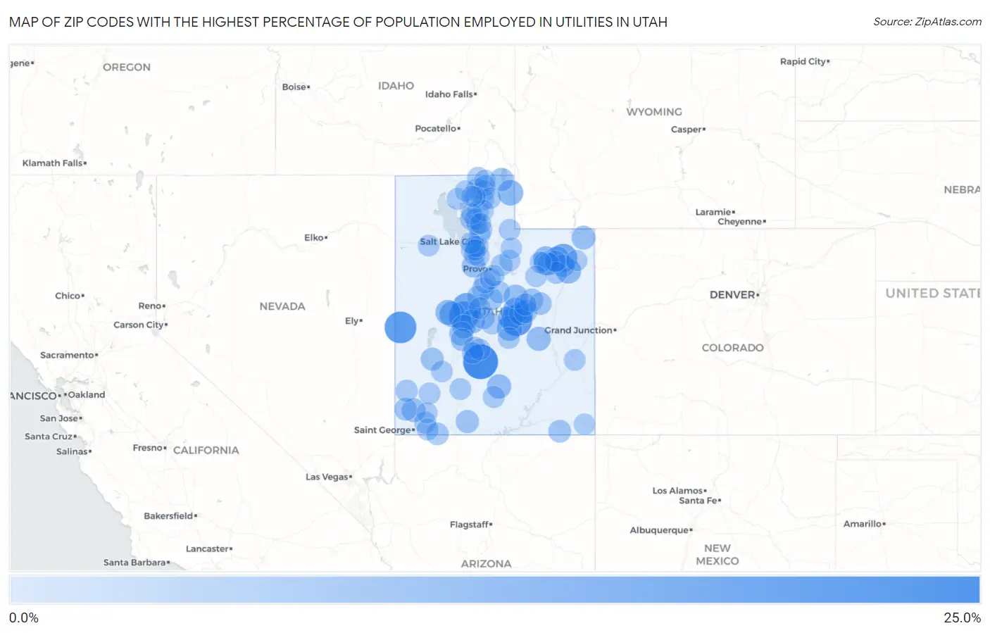 Zip Codes with the Highest Percentage of Population Employed in Utilities in Utah Map