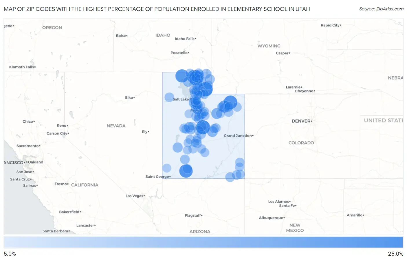 Zip Codes with the Highest Percentage of Population Enrolled in Elementary School in Utah Map