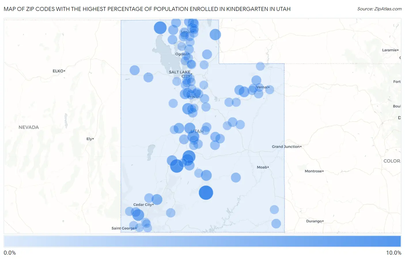 Zip Codes with the Highest Percentage of Population Enrolled in Kindergarten in Utah Map