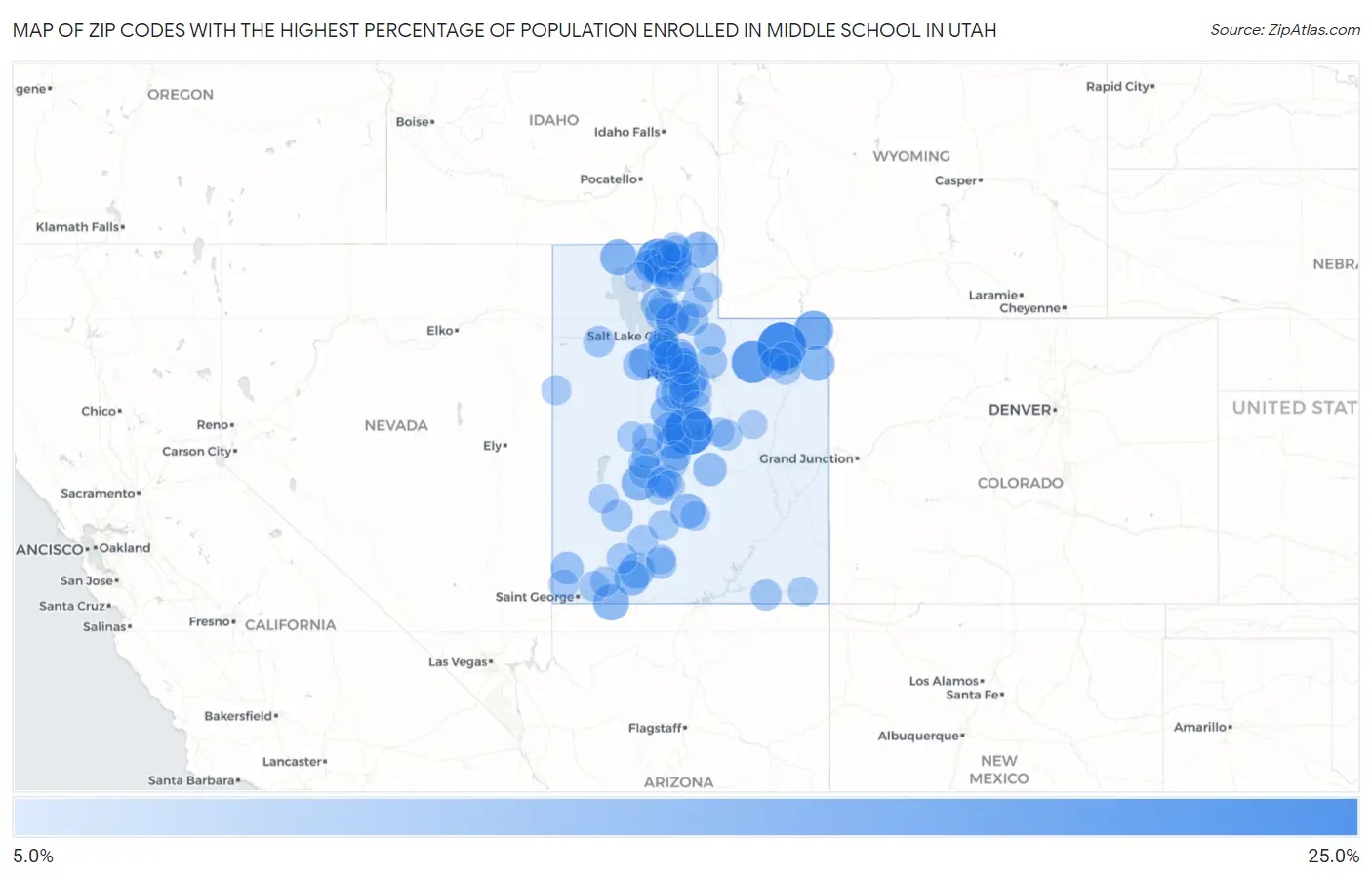 Zip Codes with the Highest Percentage of Population Enrolled in Middle School in Utah Map