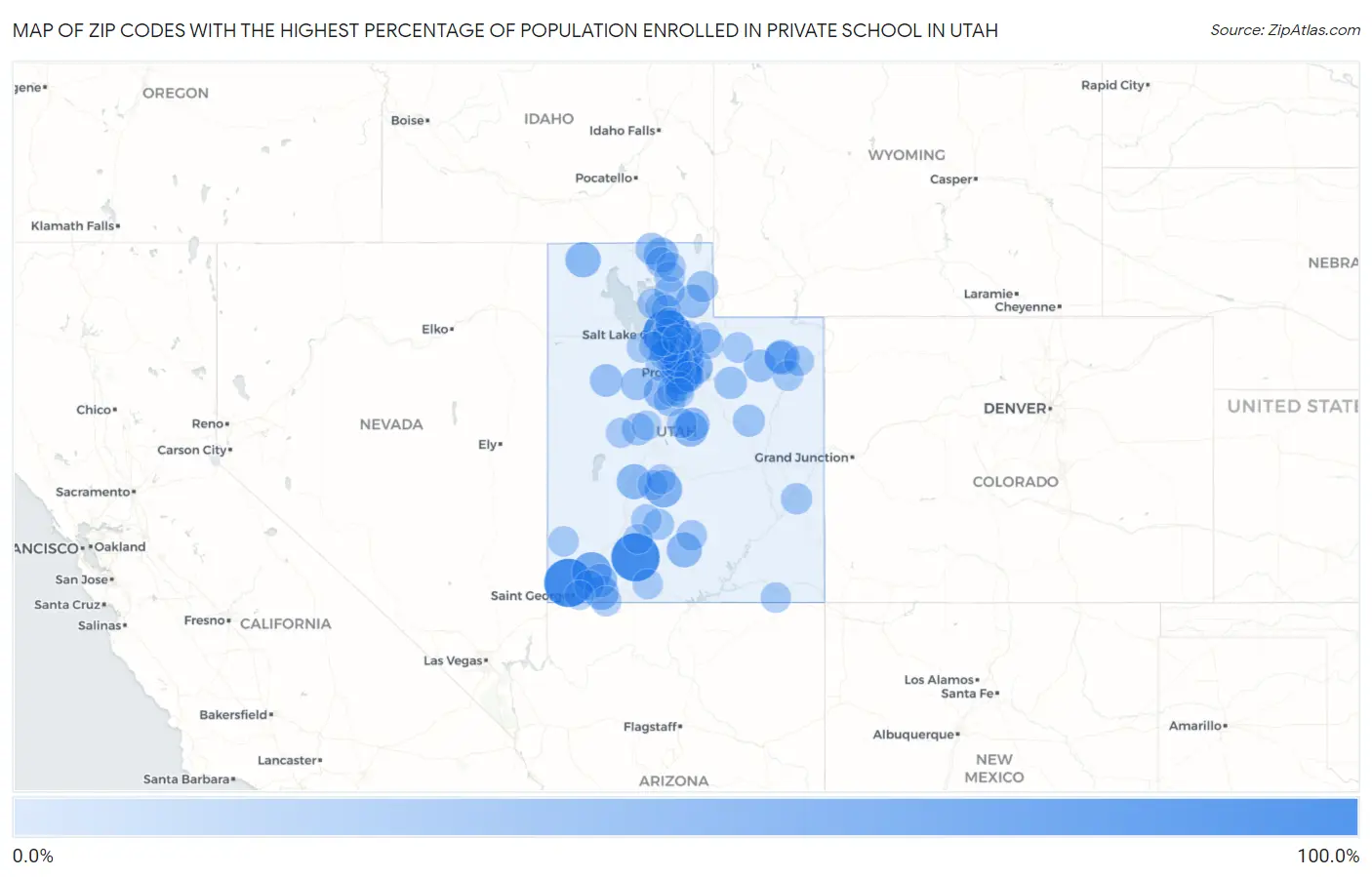 Zip Codes with the Highest Percentage of Population Enrolled in Private School in Utah Map