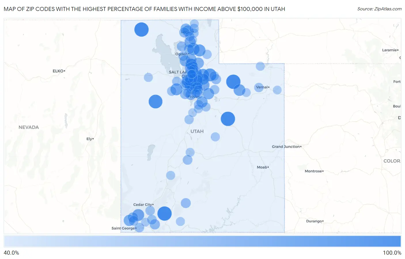 Zip Codes with the Highest Percentage of Families with Income Above $100,000 in Utah Map