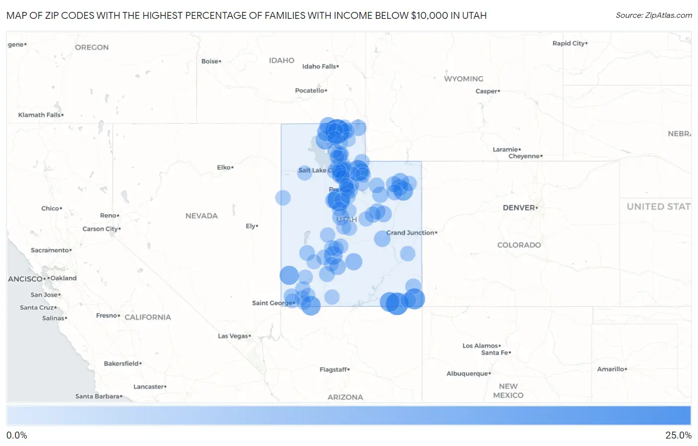 Zip Codes with the Highest Percentage of Families with Income Below $10,000 in Utah Map