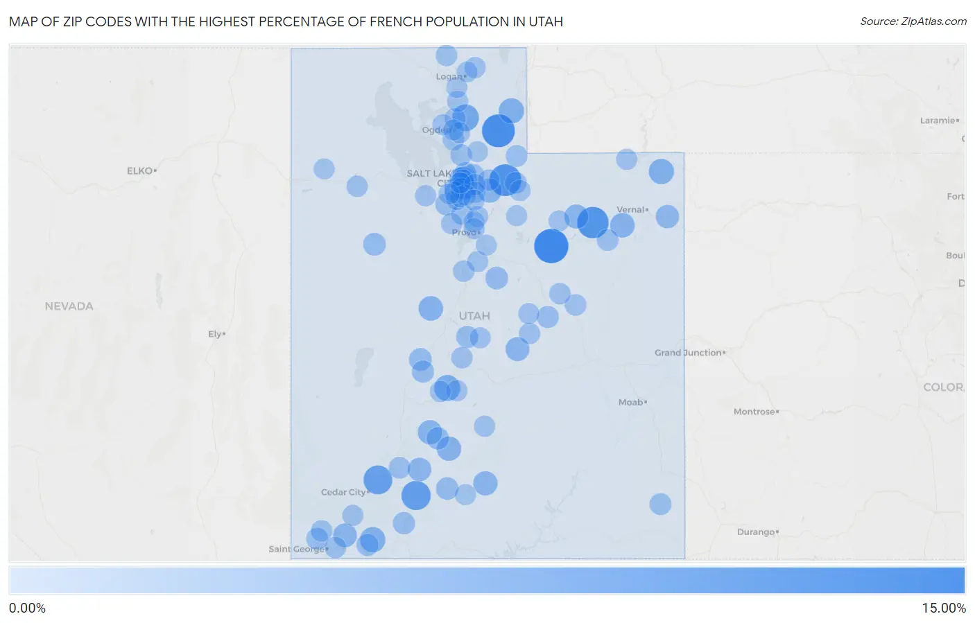 Zip Codes with the Highest Percentage of French Population in Utah Map