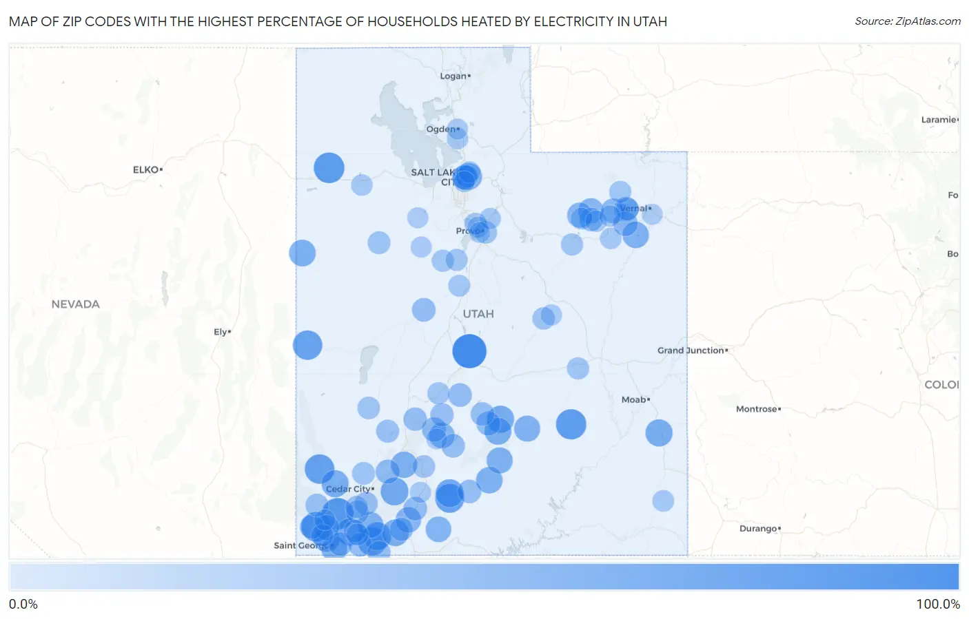 Zip Codes with the Highest Percentage of Households Heated by Electricity in Utah Map