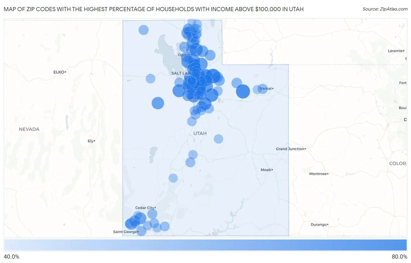 Zip Codes with the Highest Percentage of Households with Income Above $100,000 in Utah Map