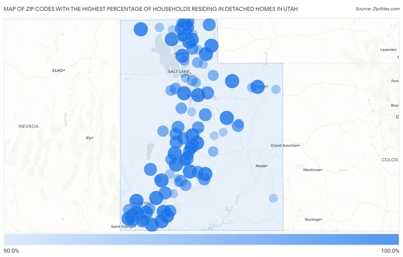 Zip Codes with the Highest Percentage of Households Residing in Detached Homes in Utah Map