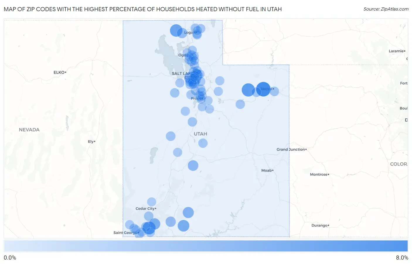 Zip Codes with the Highest Percentage of Households Heated without Fuel in Utah Map