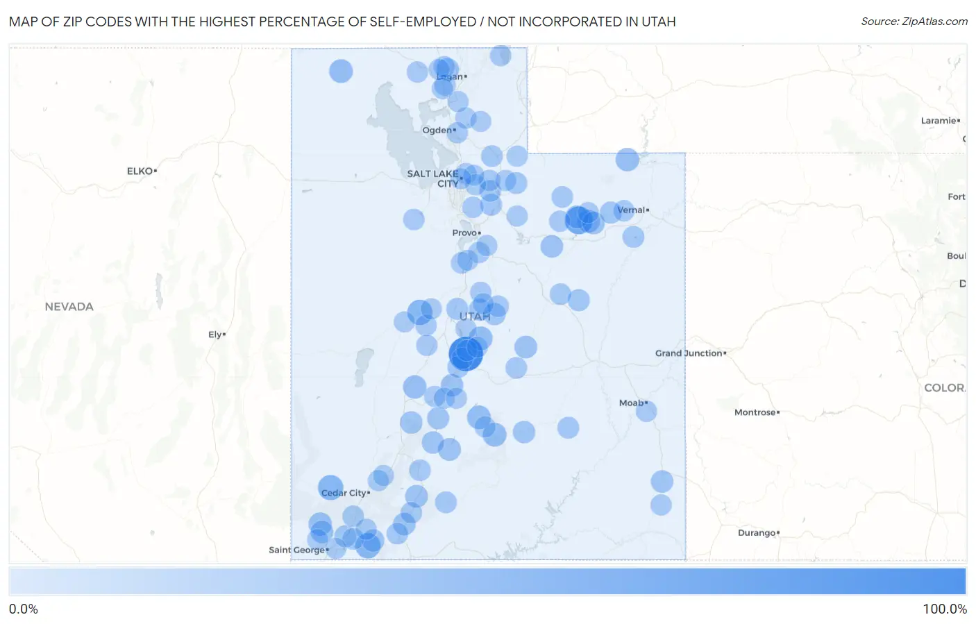 Zip Codes with the Highest Percentage of Self-Employed / Not Incorporated in Utah Map