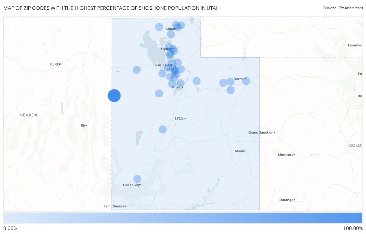 Zip Codes with the Highest Percentage of Shoshone Population in Utah Map