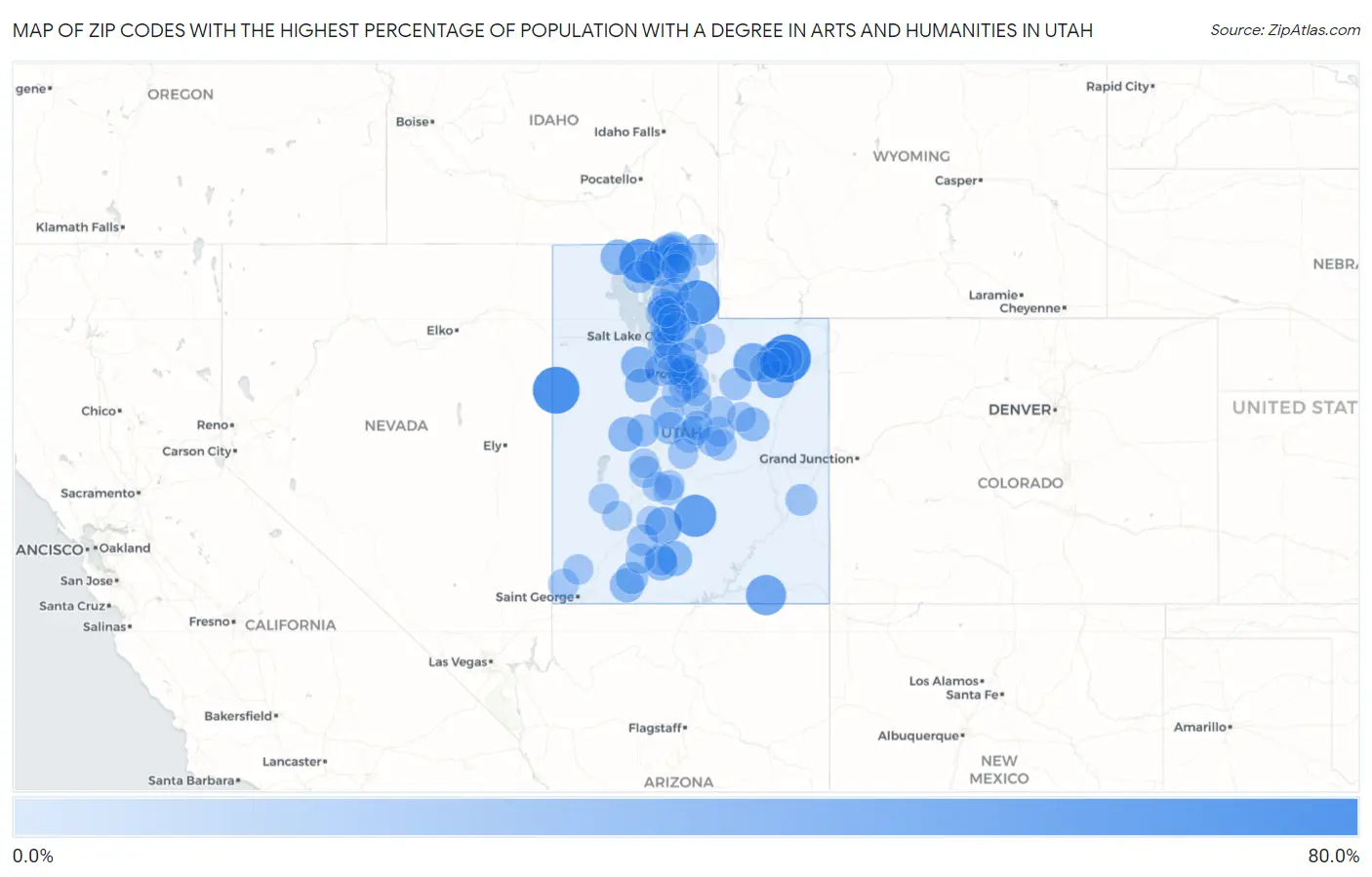 Zip Codes with the Highest Percentage of Population with a Degree in Arts and Humanities in Utah Map