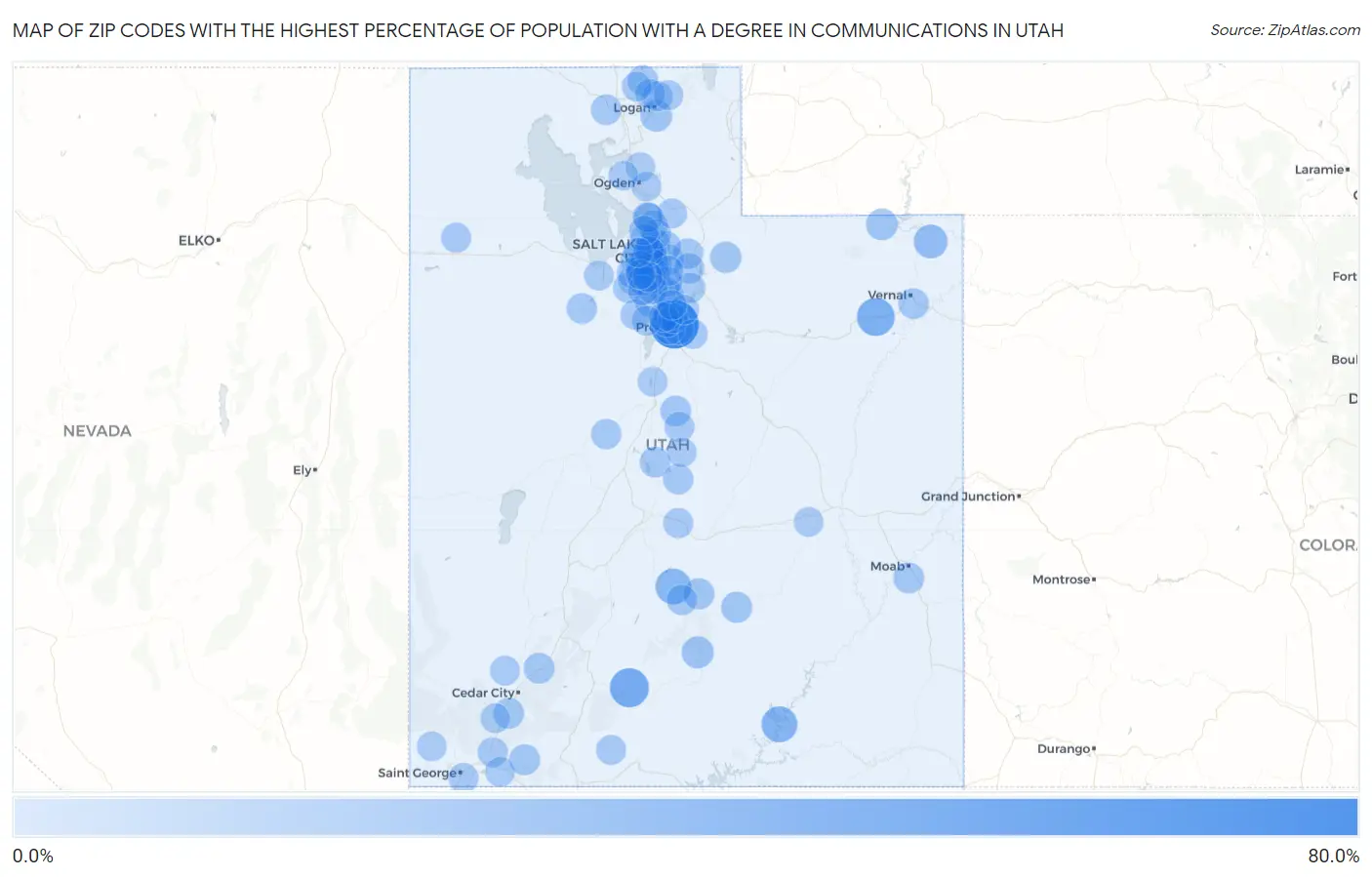 Zip Codes with the Highest Percentage of Population with a Degree in Communications in Utah Map
