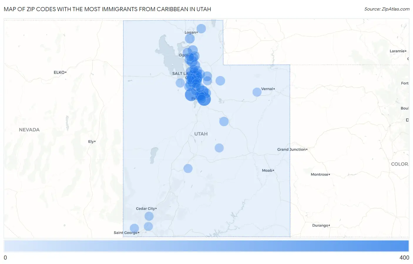 Zip Codes with the Most Immigrants from Caribbean in Utah Map