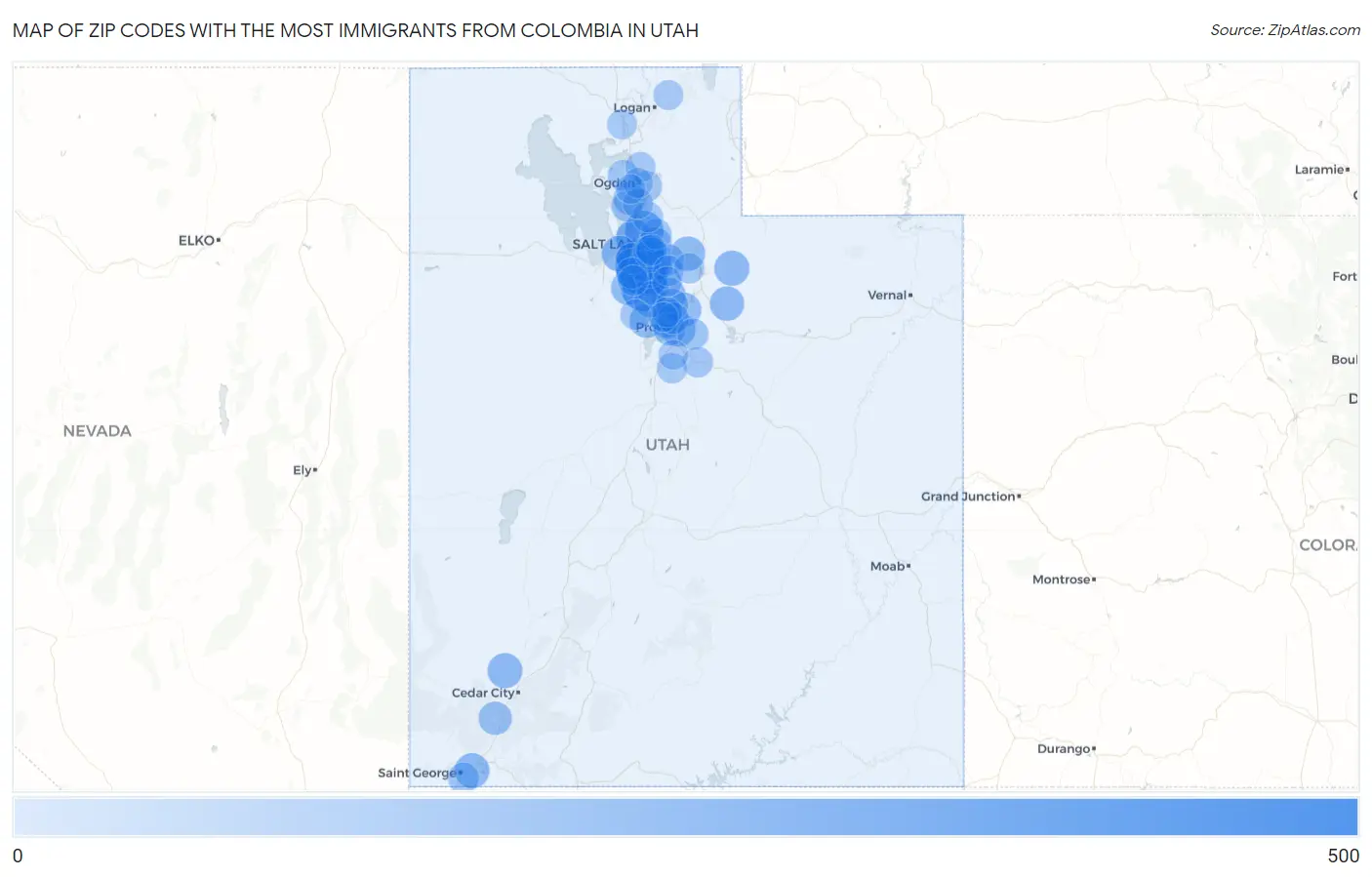 Zip Codes with the Most Immigrants from Colombia in Utah Map