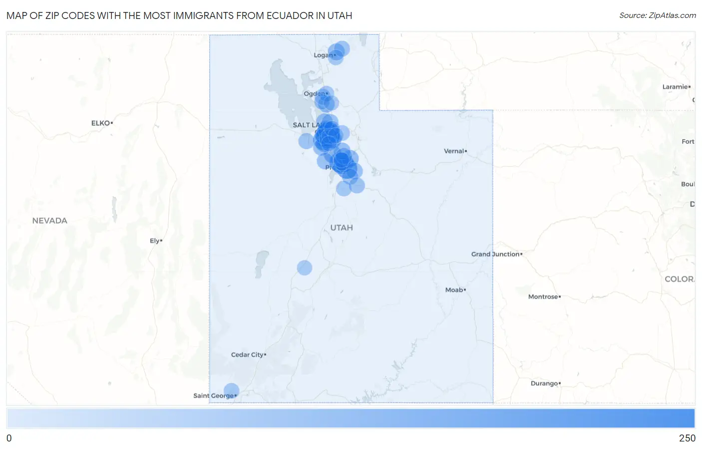 Zip Codes with the Most Immigrants from Ecuador in Utah Map