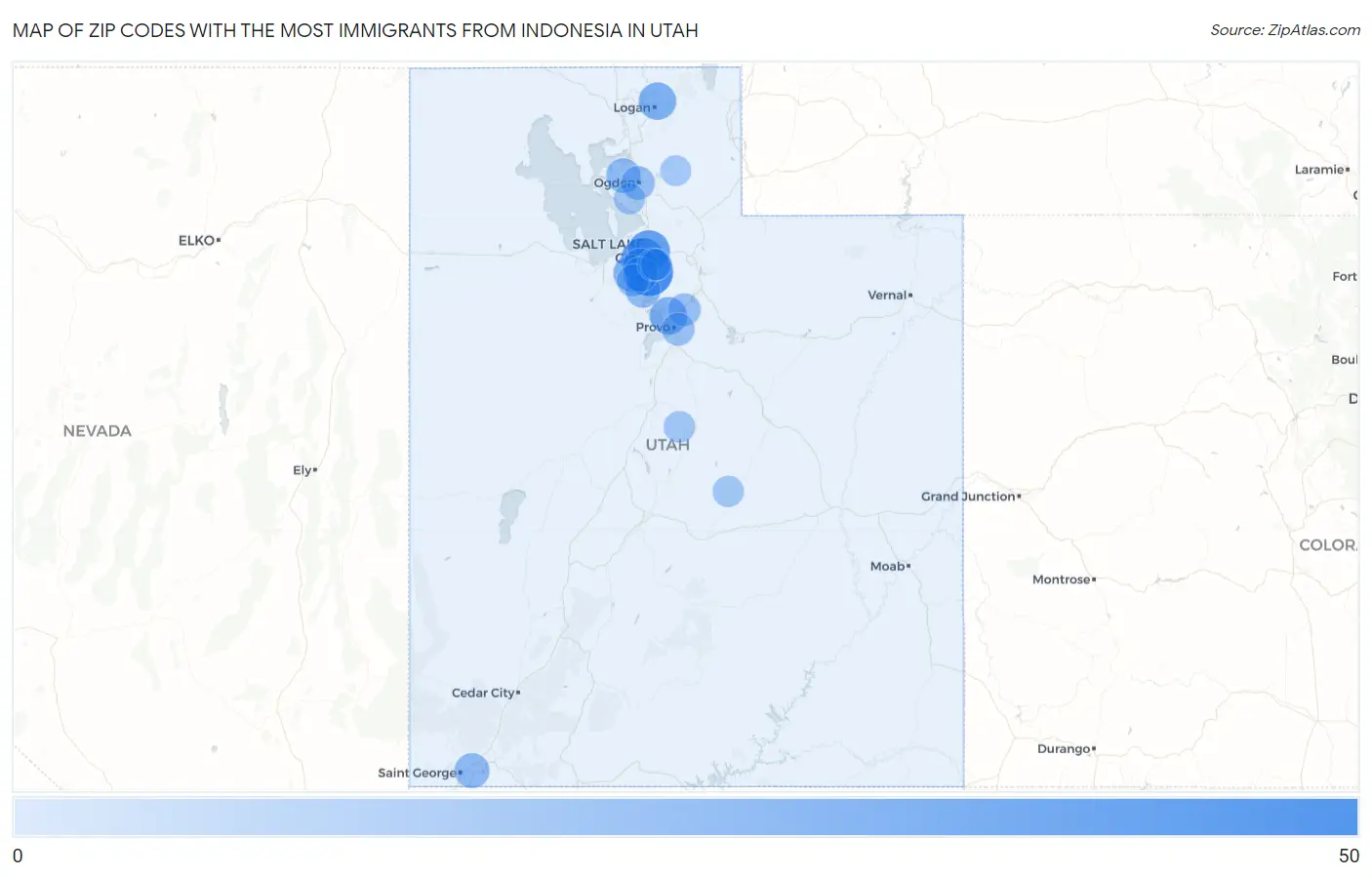 Zip Codes with the Most Immigrants from Indonesia in Utah Map